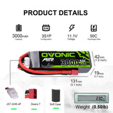 2×Ovonic 3000mAh 3S 50C Lipo Battery 11.1V Long with T Plug for RC Aircraft